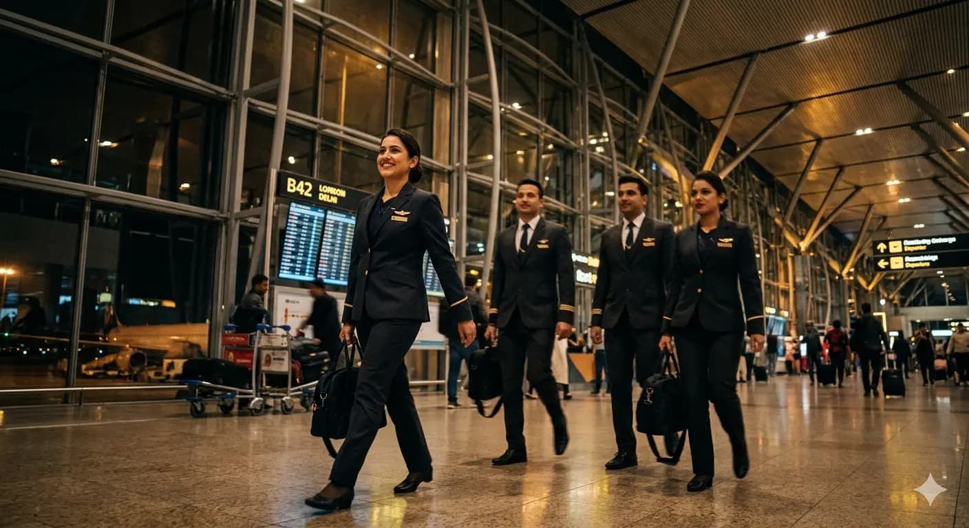Cabin crew walking through an airport terminal