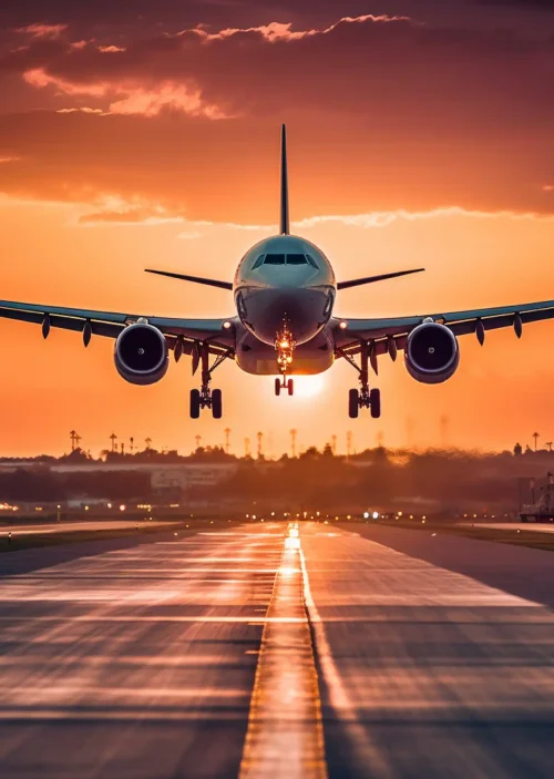 airplane-taking-off-from-airport-runway-sunset-business-travel-concept
